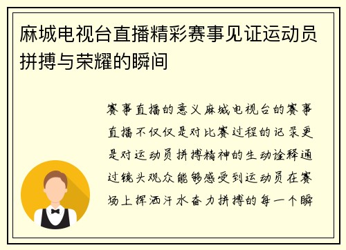 麻城电视台直播精彩赛事见证运动员拼搏与荣耀的瞬间